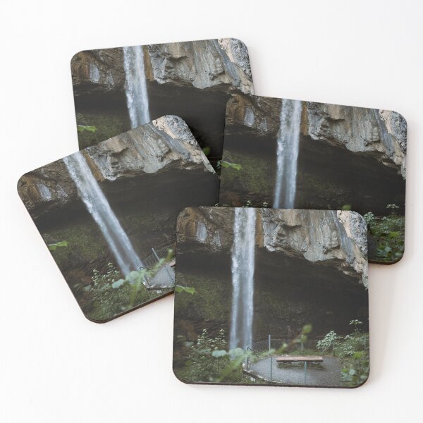 Item preview, Hidden Waterfall with Bench – Peaceful Swiss Nature Photography designed and sold by alicjamiekina.