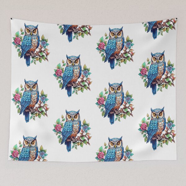 Item preview, magical owl on a tree branch with flowers designed and sold by LoneAngel.