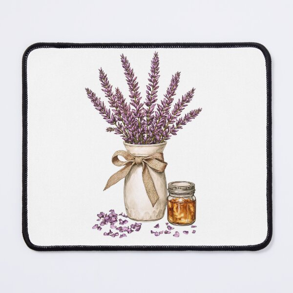 Artikelvorschau, Lavendelstrauß in einer Keramikvase mit Honigglas und violetten Blütenblättern auf Holzuntergrund entworfen und verkauft von SpaceartLilu.