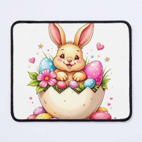Item preview, Cute bunny surrounded by colorful Easter eggs in a whimsical setting with flowers and hearts in springtime designed and sold by SpaceartLilu.