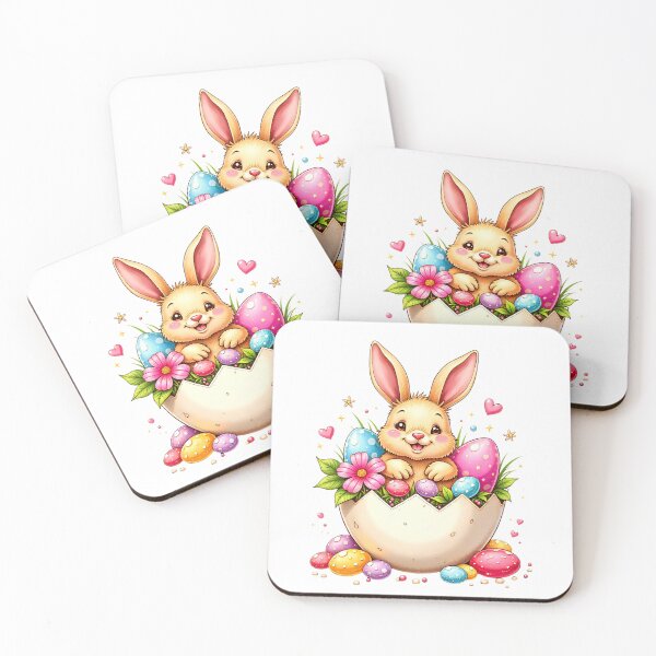 Item preview, Cute bunny surrounded by colorful Easter eggs in a whimsical setting with flowers and hearts in springtime designed and sold by SpaceartLilu.