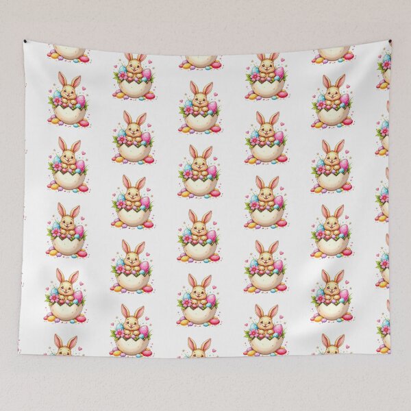 Item preview, Cute bunny surrounded by colorful Easter eggs in a whimsical setting with flowers and hearts in springtime designed and sold by SpaceartLilu.