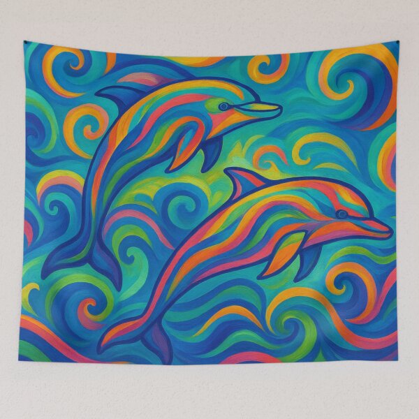 Item preview, Ocean Dolphin Dance – Surreal Colourful Dolphins in Abstract Waves designed and sold by mrrichard515.