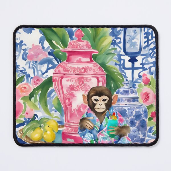 Item preview, Chinoiserie monkey drinking cocktail watercolor painting designed and sold by SophieClimaArt.