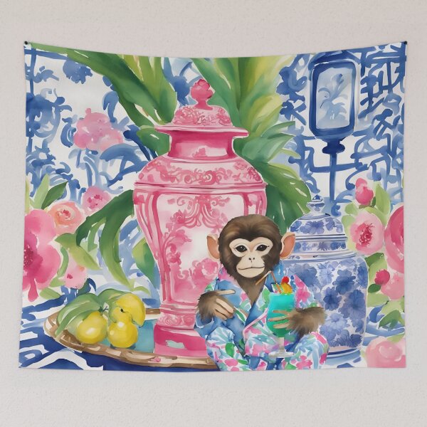 Item preview, Chinoiserie monkey drinking cocktail watercolor painting designed and sold by SophieClimaArt.