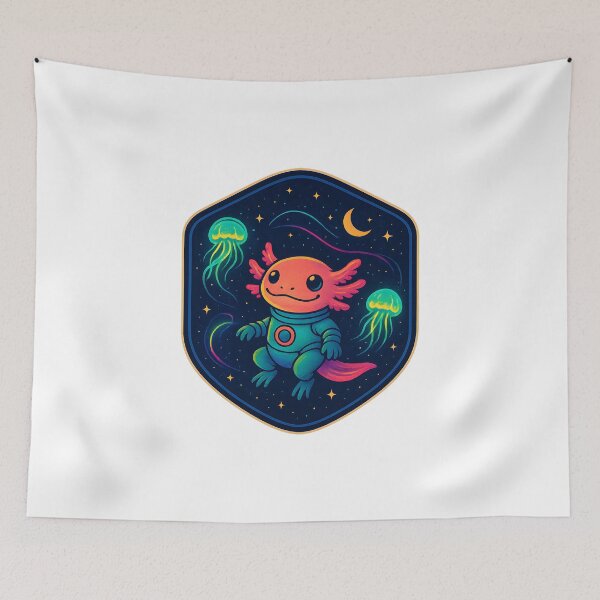 Item preview, Space Axolotl Astronaut – Cute Cosmic Creature with Neon Jellyfish and Stars designed and sold by Papurica.