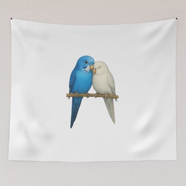 Item preview, Two budgies in love on a branch Tags: designed and sold by Malak Studio .