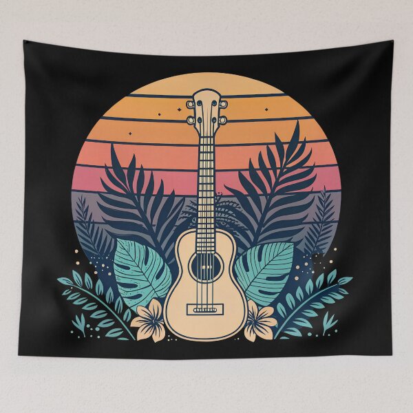 Item preview, Minimalist Ukulele Line Art with Palm Leaves & Sunset Gradient – Retro Beach Vibes designed and sold by VividOrganica.