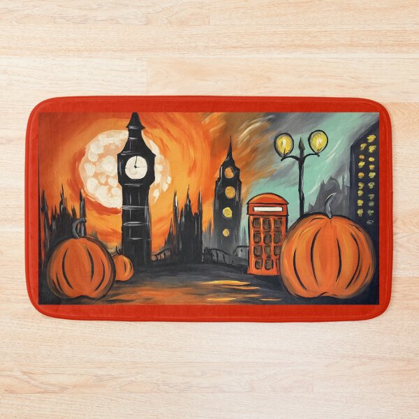 Item preview, Explore a Fiery Halloween London Gothic Haunted Skyline with Giant Pumpkins Streetlights and Red Phone Booth designed and sold by OlfactoART Studio.