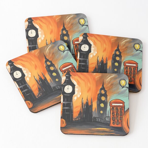 Item preview, Explore a Fiery Halloween London Gothic Haunted Skyline with Giant Pumpkins Streetlights and Red Phone Booth designed and sold by OlfactoART Studio.
