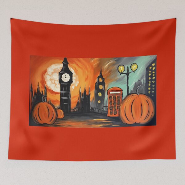 Item preview, Explore a Fiery Halloween London Gothic Haunted Skyline with Giant Pumpkins Streetlights and Red Phone Booth designed and sold by OlfactoART Studio.