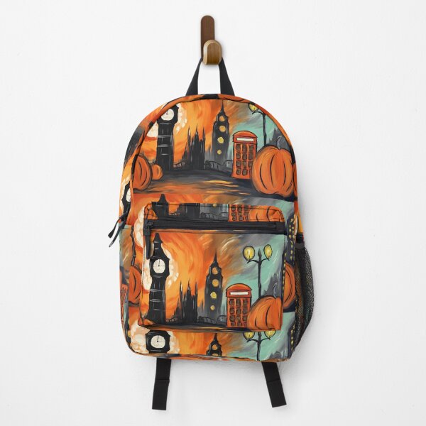 Item preview, Explore a Fiery Halloween London Gothic Haunted Skyline with Giant Pumpkins Streetlights and Red Phone Booth designed and sold by OlfactoART Studio.