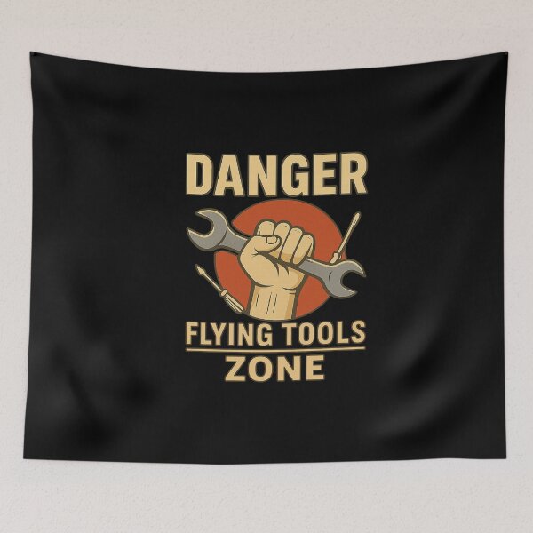 Item preview, Danger: Flying Tools Zone – Funny Garage Warning Sign designed and sold by InventorsCave.