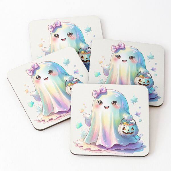 Item preview, Cute Kawaii Face Iridescent Halloween Ghost Boo holding Pumpkin pot with candy designed and sold by RSDigitalPrintDesign.