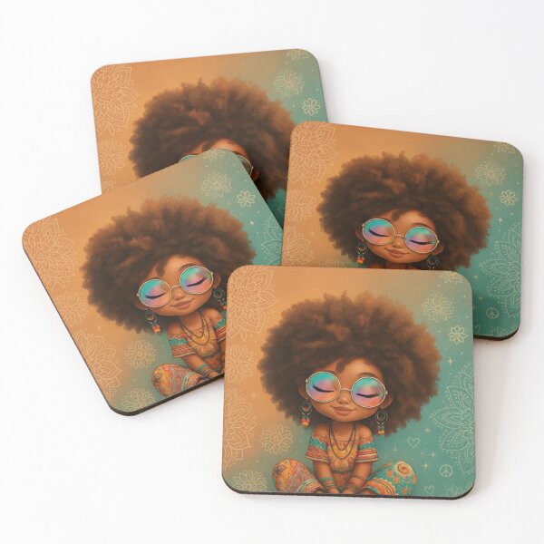 Item preview, Afrocentric Boho Girl – Cute Black Girl Cartoon with Big Curly Hair, Retro Sunglasses, Hippie Vibes, Colorful Festival Outfit designed and sold by Design Den.