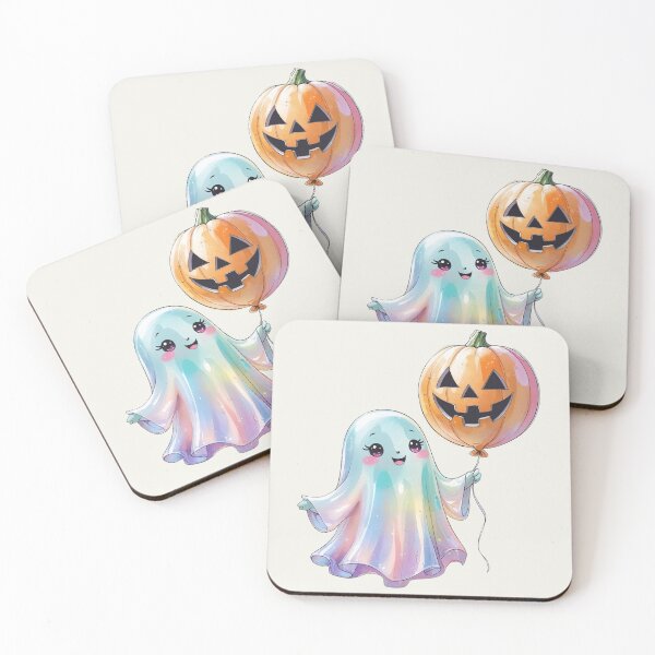 Item preview, Cute Kawaii Face Iridescent Halloween Ghost Boo holding Pumpkin Balloon designed and sold by RSDigitalPrintDesign.