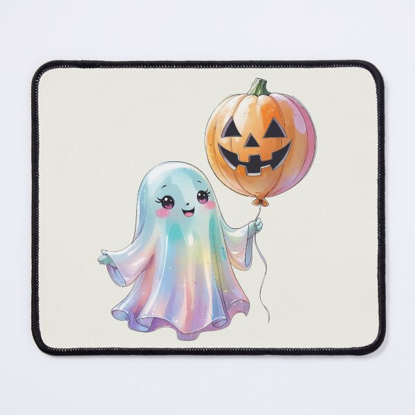Item preview, Cute Kawaii Face Iridescent Halloween Ghost Boo holding Pumpkin Balloon designed and sold by RSDigitalPrintDesign.