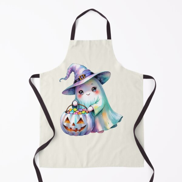 Item preview, Cute Kawaii Face Iridescent Halloween Ghost Boo wearing witch Hat holding Pumpkin designed and sold by RSDigitalPrintDesign.