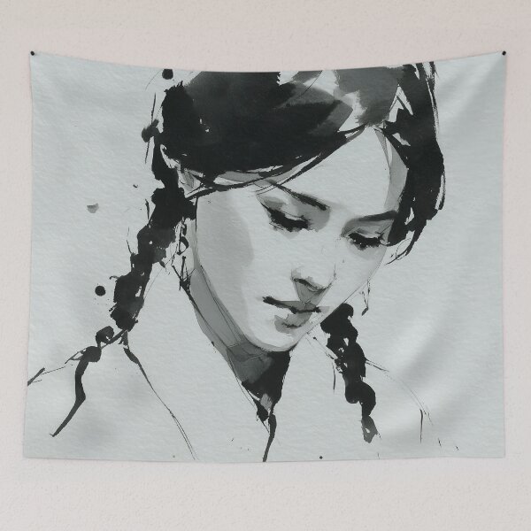 Item preview, Ink Wash Portrait – Serene Figure with Braided Hair | East Asian Minimalist Art Print | Zen Wall Decor | Grayscale Brushwork designed and sold by eyeconart.