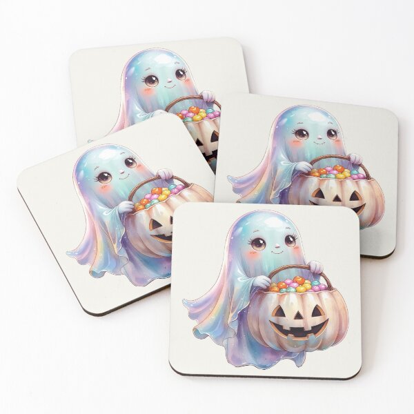 Item preview, Cute Kawaii Face Iridescent Halloween Ghost holding Pumpkin candy pot designed and sold by RSDigitalPrintDesign.