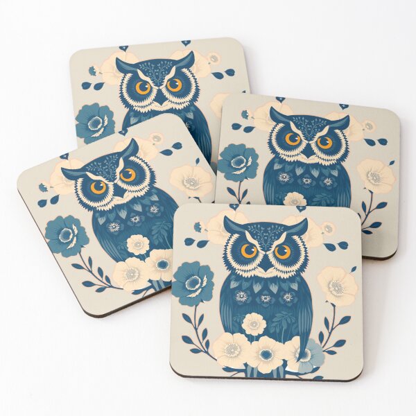 Item preview, Elegant Owl with Blue Flowers – Beige and Navy Wildlife Art designed and sold by Naturalite19.
