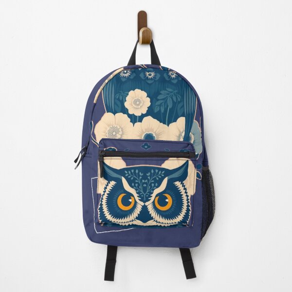 Item preview, Elegant Owl with Blue Flowers – Beige and Navy Wildlife Art designed and sold by Naturalite19.