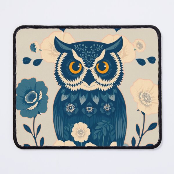 Item preview, Elegant Owl with Blue Flowers – Beige and Navy Wildlife Art designed and sold by Naturalite19.