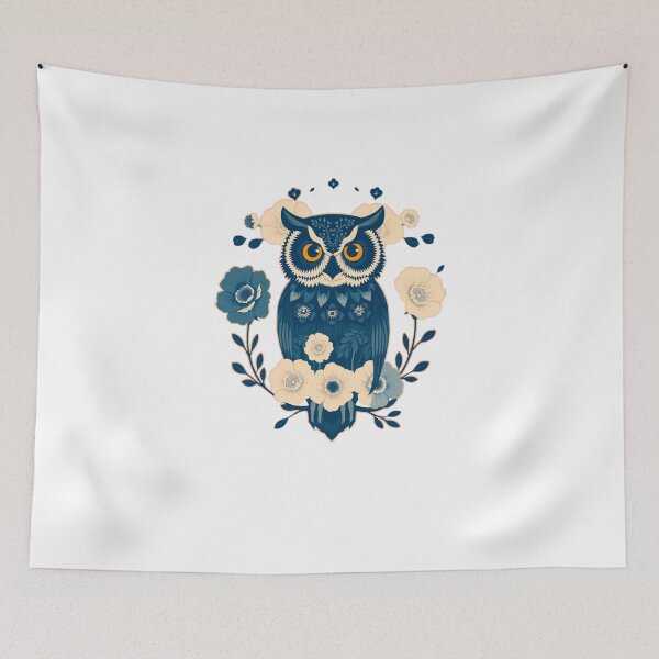 Item preview, Elegant Owl with Blue Flowers – Beige and Navy Wildlife Art designed and sold by Naturalite19.