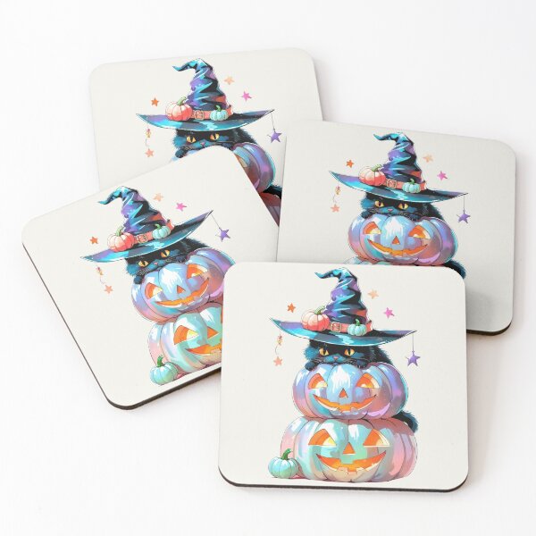 Item preview, Cute Iridescent Halloween Spooky Season Print - Black Cat with Witch Hat on Pumpkins designed and sold by RSDigitalPrintDesign.