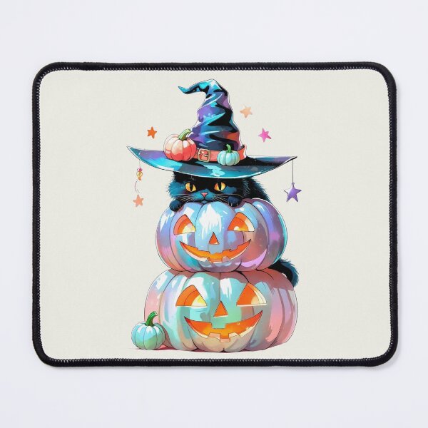Item preview, Cute Iridescent Halloween Spooky Season Print - Black Cat with Witch Hat on Pumpkins designed and sold by RSDigitalPrintDesign.