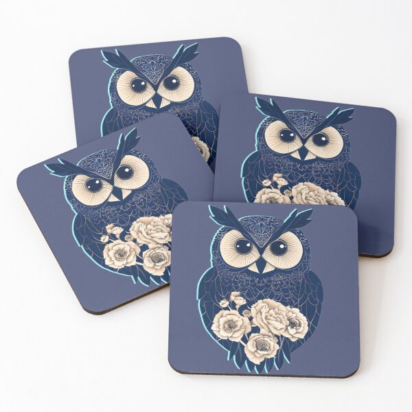 Item preview, Vibrant Blue Owl with Beige Roses – Mystical Wildlife Art designed and sold by Naturalite19.