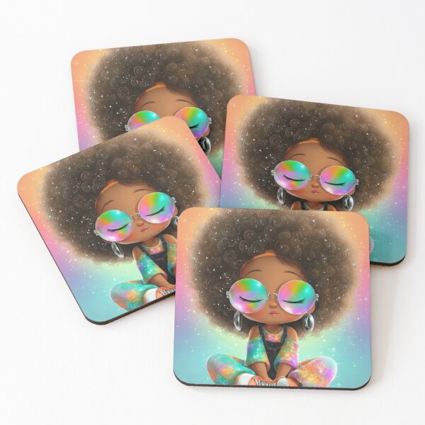 Item preview, Rainbow Afrocentric Boho Girl – Cute Black Girl Cartoon with Big Curly Hair, Retro Sunglasses, Hippie Vibes, Colorful Festival Outfit designed and sold by Design Den.