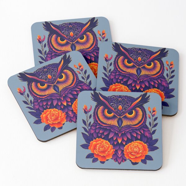 Item preview, Fierce Blue and Orange Owl – Vibrant Wildlife with Fiery Roses designed and sold by Naturalite19.
