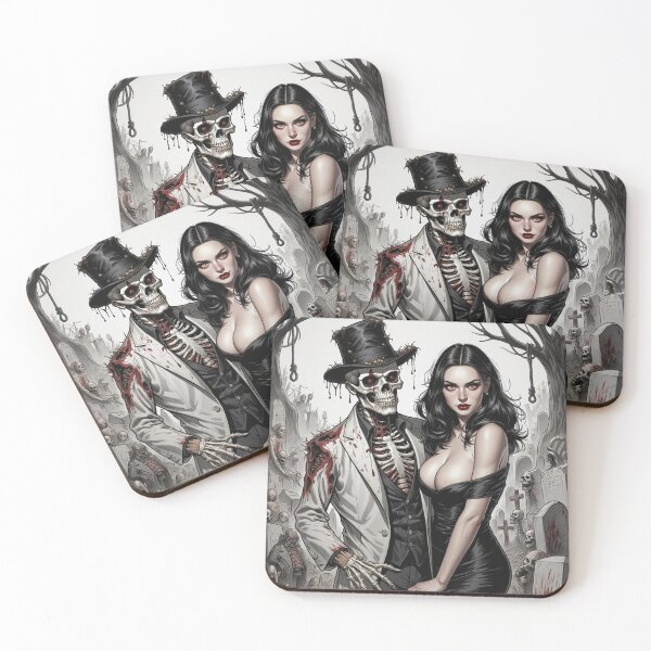 Item preview,  Fancy dapper Skeleton man and Vampire girl cool horror art designed and sold by Vintage Designs +.