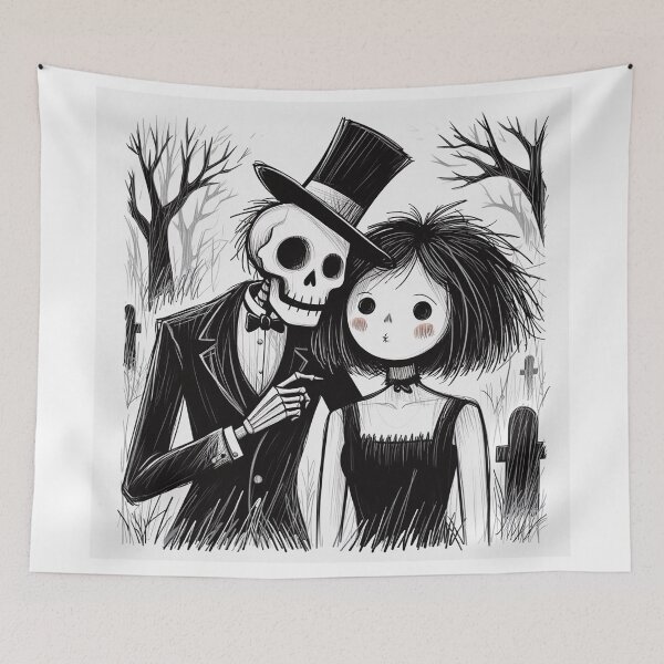 Item preview, Fancy dapper Skeleton man and Vampire girl cool horror art designed and sold by Vintage Designs +.