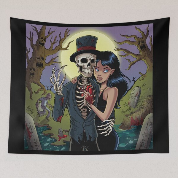 Item preview,  Fancy dapper Skeleton man and Vampire girl cool horror art designed and sold by Vintage Designs +.