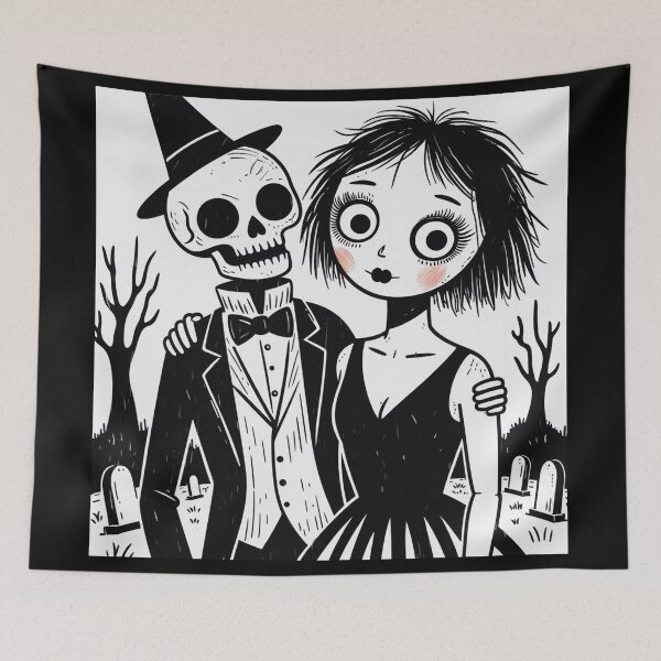 Item preview, Fancy dapper Skeleton man and witch girl cool horror art designed and sold by Vintage Designs +.