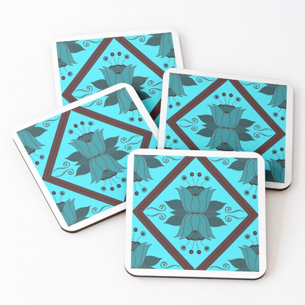Item preview, Floral Lattice Diamond Tiles - Turquoise Brown Abstract Flowers designed and sold by FoxfireAndCo.