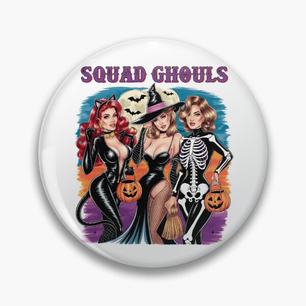 Item preview, Squad Ghouls Sexy Halloween Cat Witch Skeleton Pin-Up Art designed and sold by TakeOnline247.
