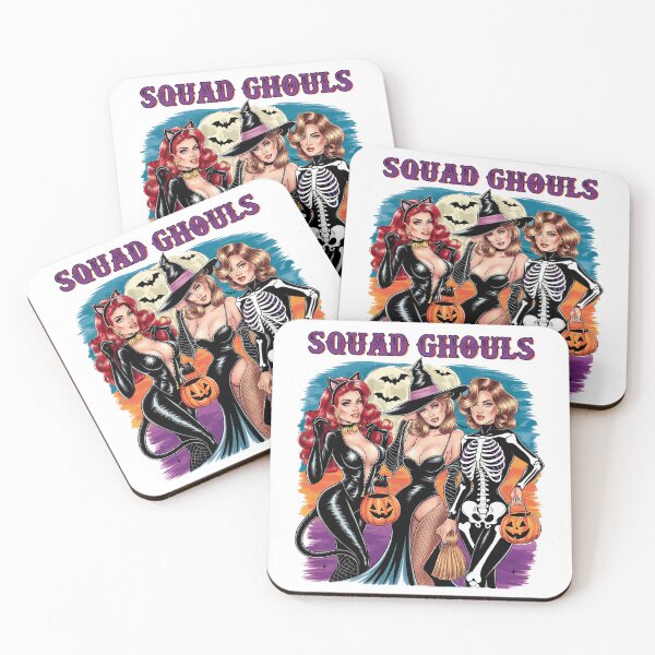 Item preview, Squad Ghouls Sexy Halloween Cat Witch Skeleton Pin-Up Art designed and sold by TakeOnline247.