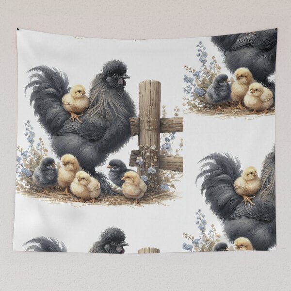 Item preview, Silkie Chicken rooster with Chicks – Cozy Farmhouse Decor designed and sold by WF-Studio.