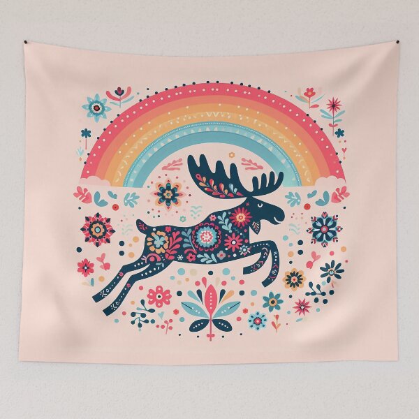 Item preview, Scandinavian Folk Art Leaping Moose – Colourful Migration Adventure ©️ by heidiannemorris designed and sold by FOLK ART FUSION by heidiannemorris.