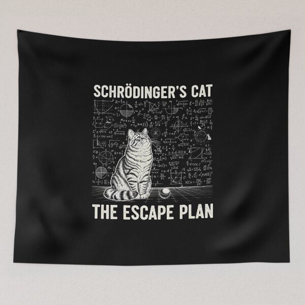 Item preview, Schrödinger's cat plots its escape plan on a chalkboard full of quantum physics equations. designed and sold by bluel_evin.