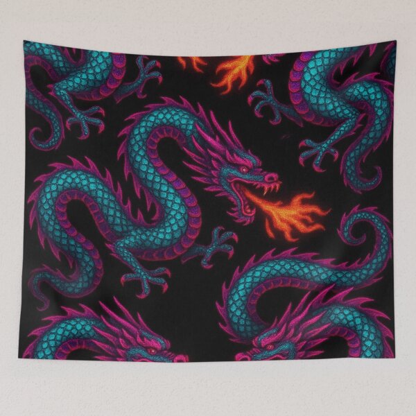 Item preview, neon fire breathing dragons on black velvet designed and sold by Kristylynn757.