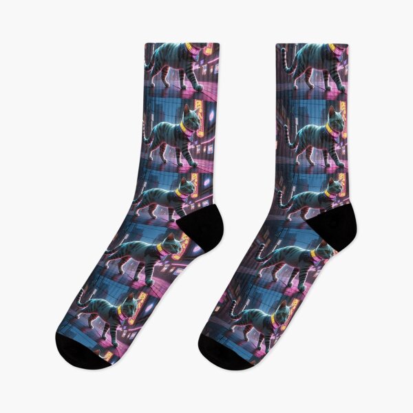Item preview, A sleek, futuristic cat with neon accents and a holographic collar designed and sold by johndesignwaves.