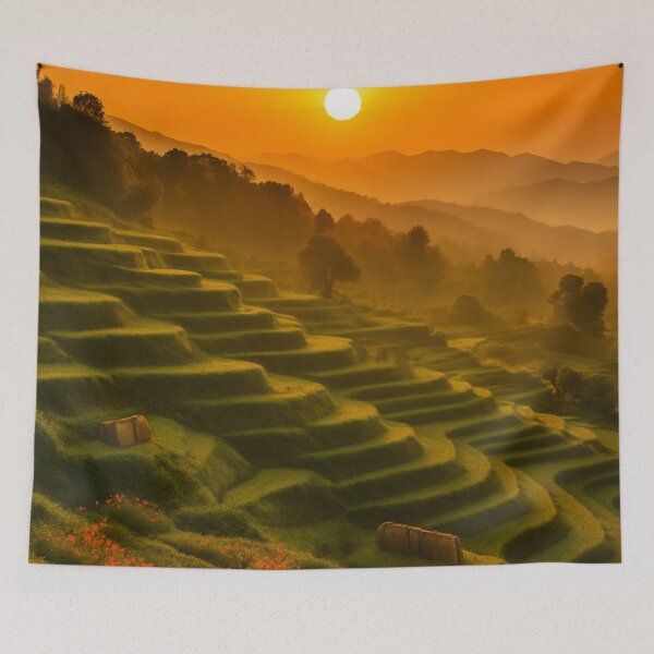 Item preview, Golden Sunset over Rice Terraces – Osaka, Japan Countryside designed and sold by NihonKamonScape.