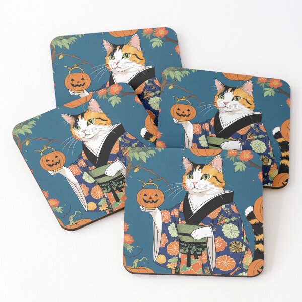 Item preview, Japanese Calico Cat in Kimono with Halloween Pumpkins designed and sold by LEO'S CREATURE　れおずくりーちゃー.