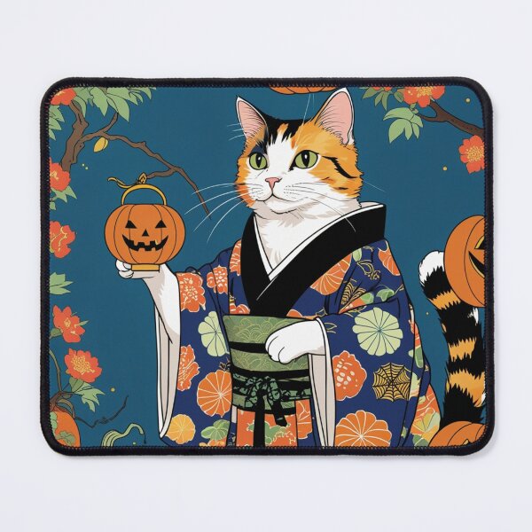 Item preview, Japanese Calico Cat in Kimono with Halloween Pumpkins designed and sold by LEO'S CREATURE れおずくりーちゃー.