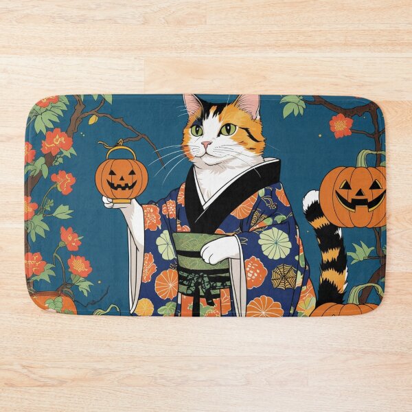 Item preview, Japanese Calico Cat in Kimono with Halloween Pumpkins designed and sold by LEO'S CREATURE　れおずくりーちゃー.