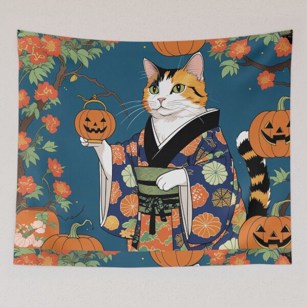 Item preview, Japanese Calico Cat in Kimono with Halloween Pumpkins designed and sold by LEO'S CREATURE　れおずくりーちゃー.